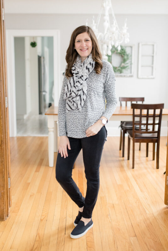 gray Bartie Hacci Drop Shoulder Knit Top from Bobeau with black jeans, scarf, and black Rothys sneakers - March Stitch Fix Review 