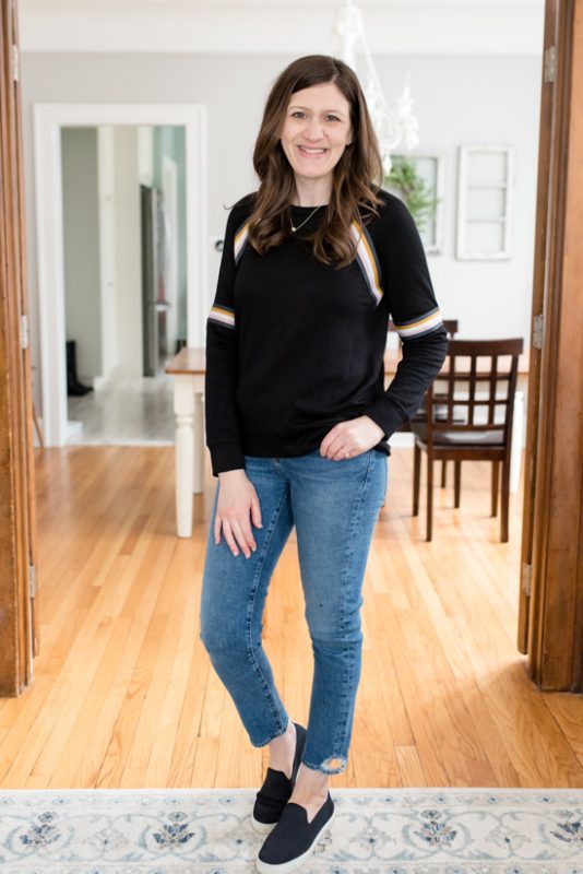My Trendsend Shipment that Came Before the Quarantine | Trendsend by Evereve personal styling service | Brynn Taped Pullover from Peyton Jensen with Tony Straight Ankle jeans from Agolde | #trendsend #stitchfix #stylebox | #stylereview | Crazy Together blog