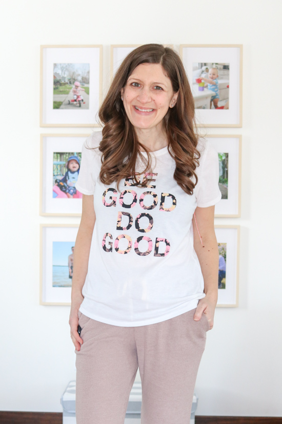 woman wearing Be Good Do Good white tshirt with cocoa joggers from Wantable Active Edit