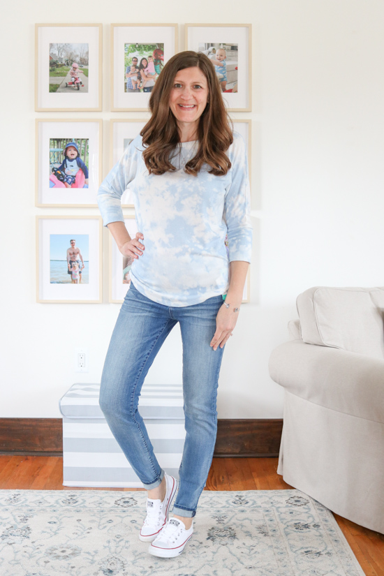 light blue tie-dye Corinna Brushed Dolman Knit Top from Market & Spruce with jeans- spring Stitch Fix review