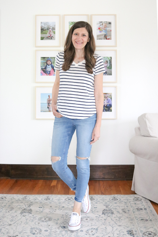 light wash Distressed Rockstar Super Skinny Jeans with holes | Old Navy denim review