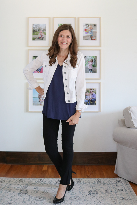 navy blue Sarina top from Lovely Meoldy with black pants and white denim jacket - fashion subscription box review